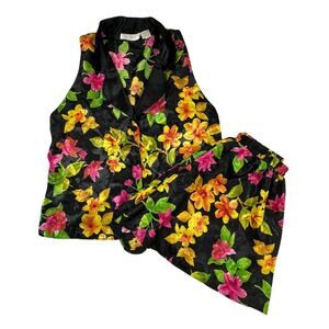 VICTORIAS SECRET Vintage Gold Label Womens Medium Floral Satin Black Pajama Set